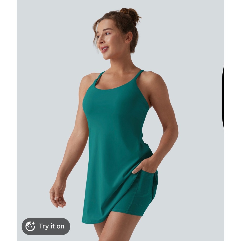 Halara Softlyzero Plush Active Dress Teal Green Cross Back Mini Size 4 NWT